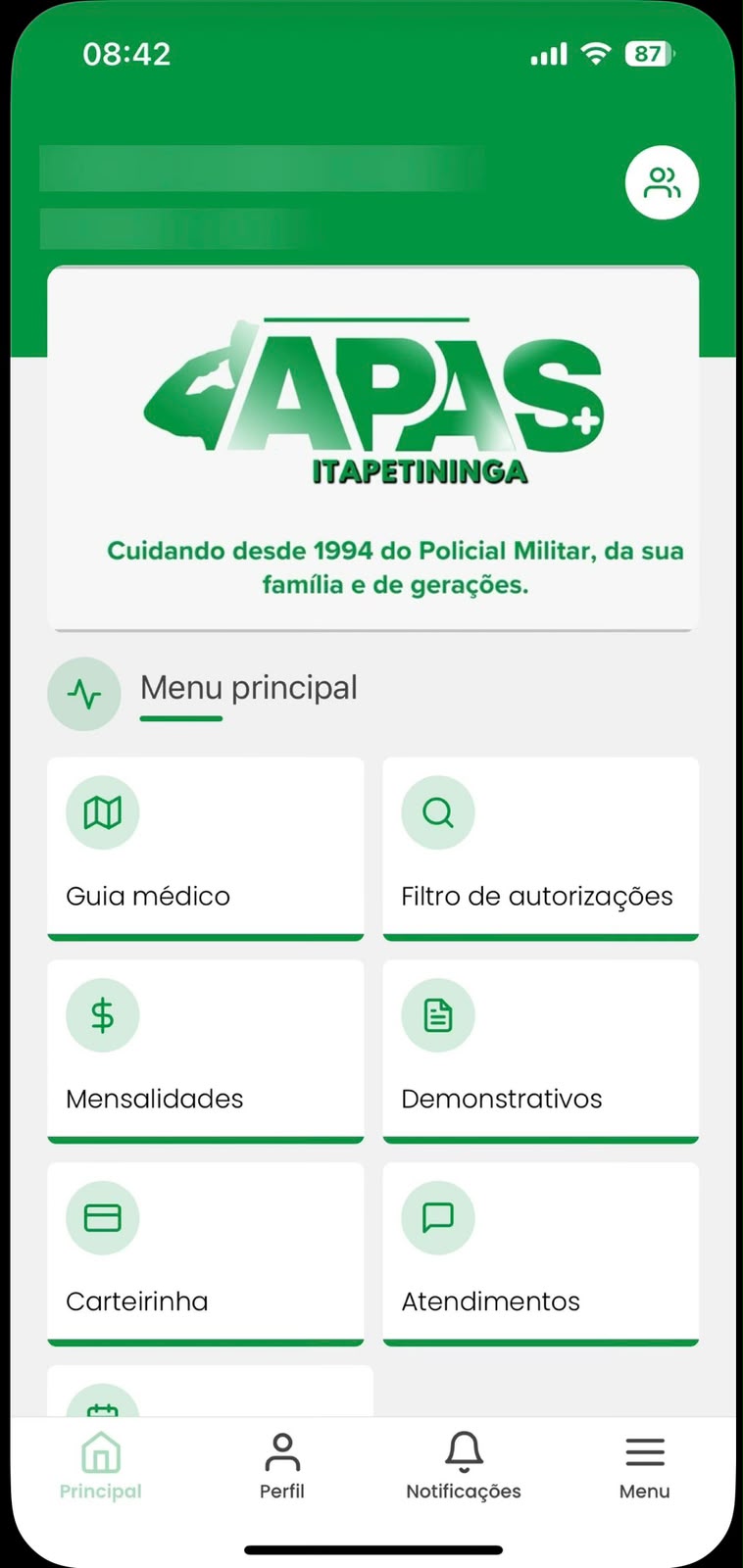 Tela principal do app APAS
